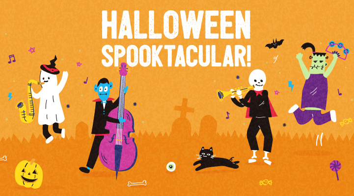 Art with the title 'Halloween Spooktacular' and cartoon Halloween monsters playing instruments.