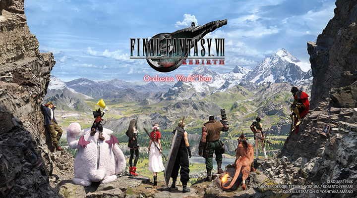 Art of Final Fantasy VII Rebirth characters looking out at a mountain vista with the game's logo and a title below of 'Orchestra World Tour'.