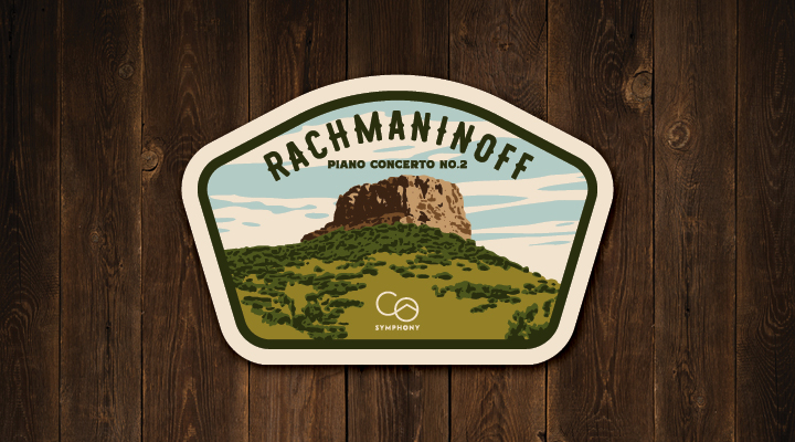 Emblem with the title 'Rachmaniinoff Piano Concerto No.2' and backdrop of a plateau.