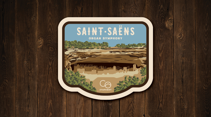 Emblem with the title 'Saint-Saens Organ Symphony' and a backdrop of a Colorado cliff dwelling.